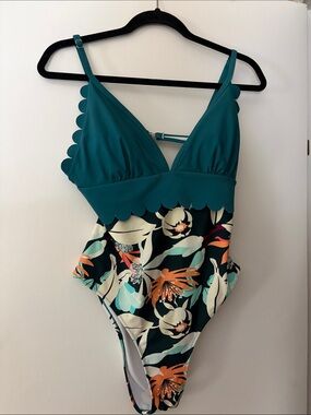 Cupshe Teal Scallop-Trim Floral One-Piece